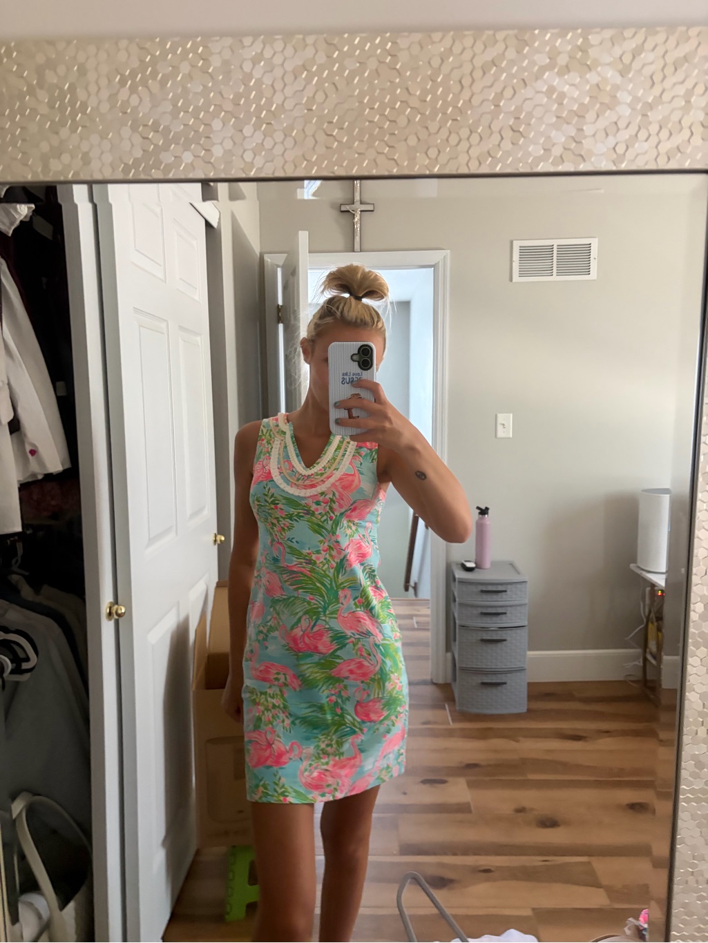 Sleeveless Tropical Print Shift Dress In Pink And Green